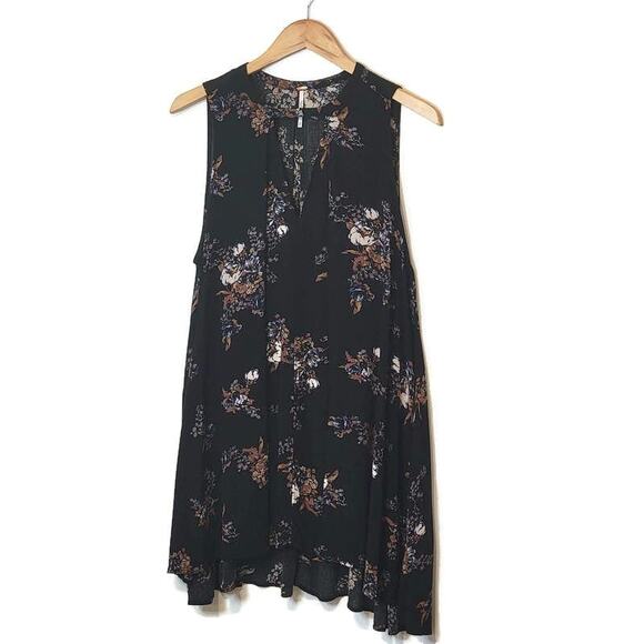 Free People Floral Mini Dress Black V Neck Sleeveless Swing Flowy Babydoll S - Picture 16 of 16